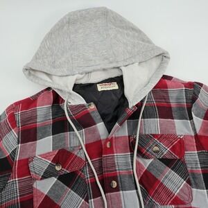 Wrangler Flannel Shirt Jacket Quilted Lined Hooded Red Plaid Shacket Mens Small